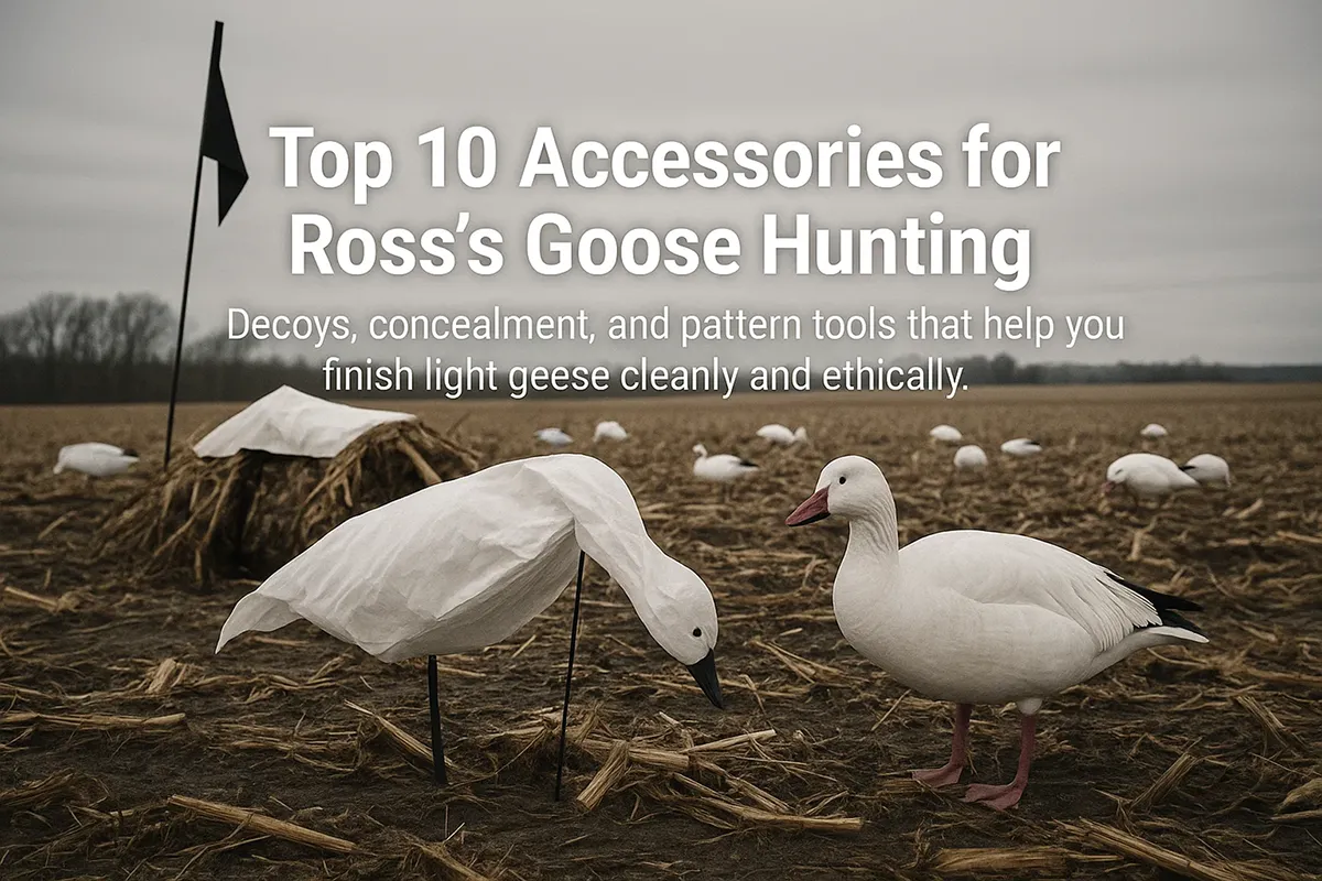 Winter field spread with windsock decoys and a low-profile hide for Ross’s/snow geese