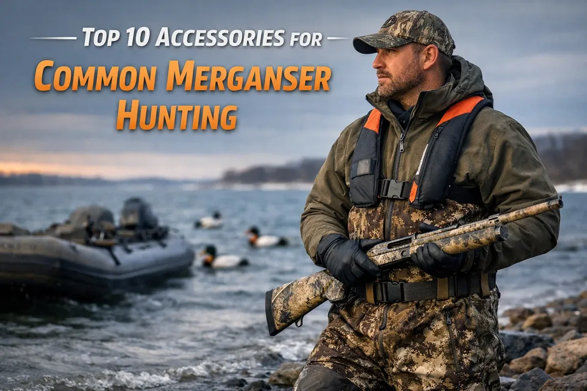 Common merganser flying over open water at dawn