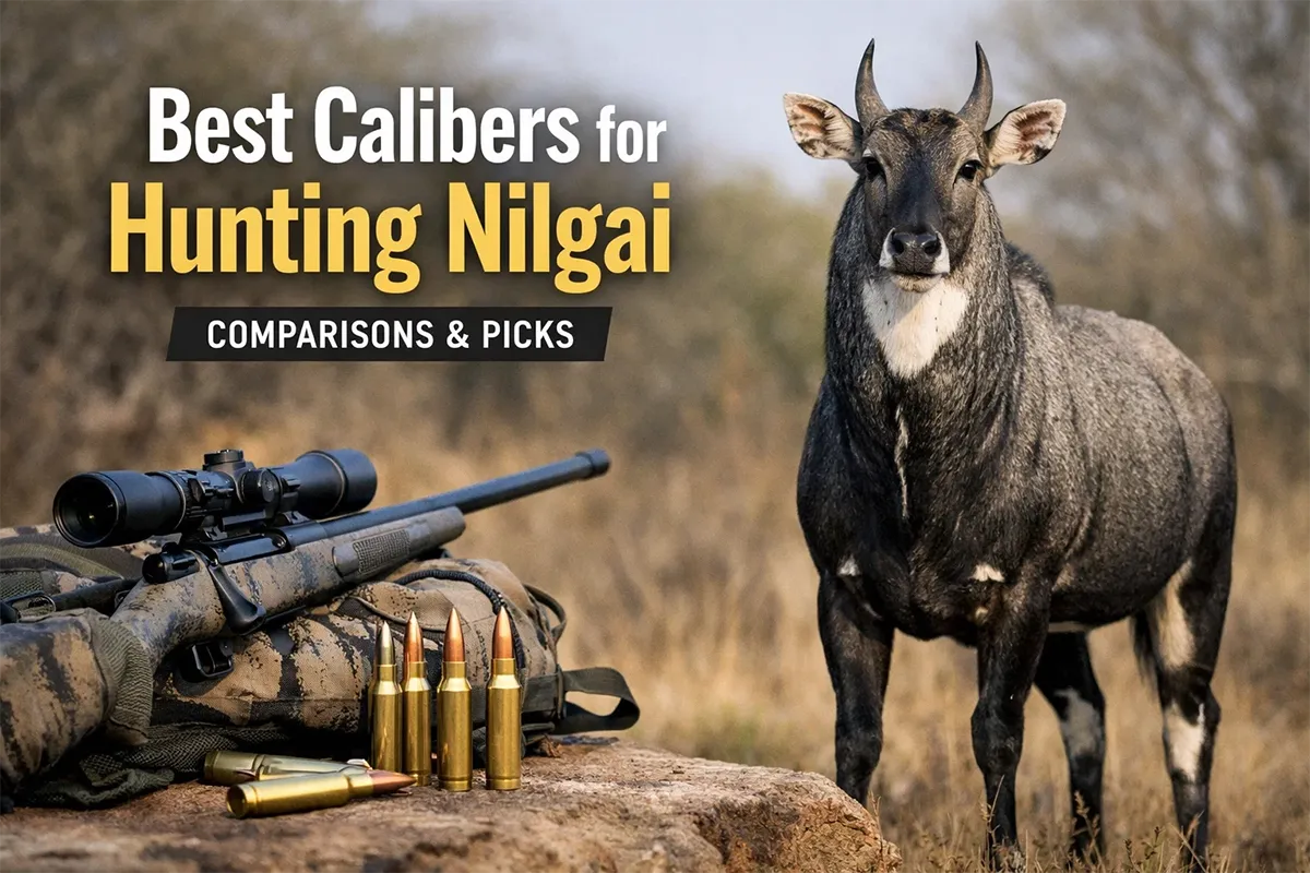 Nilgai in brush country with hunter silhouette