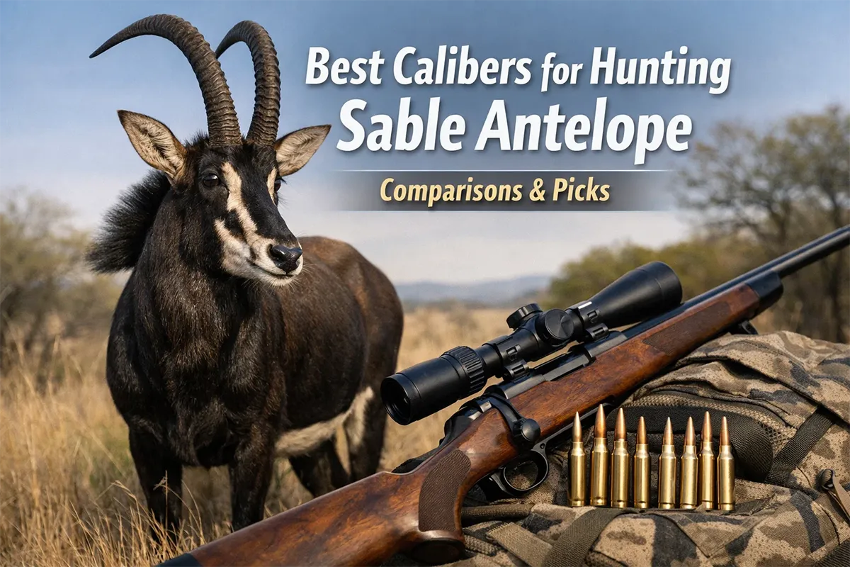 Hunter with a scoped rifle on African plains game terrain at sunrise