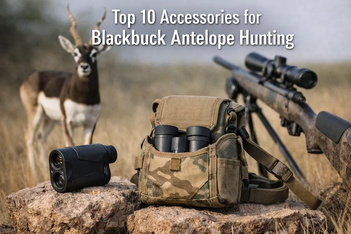 Hunter glassing for blackbuck antelope in open grassland with a rifle on shooting sticks