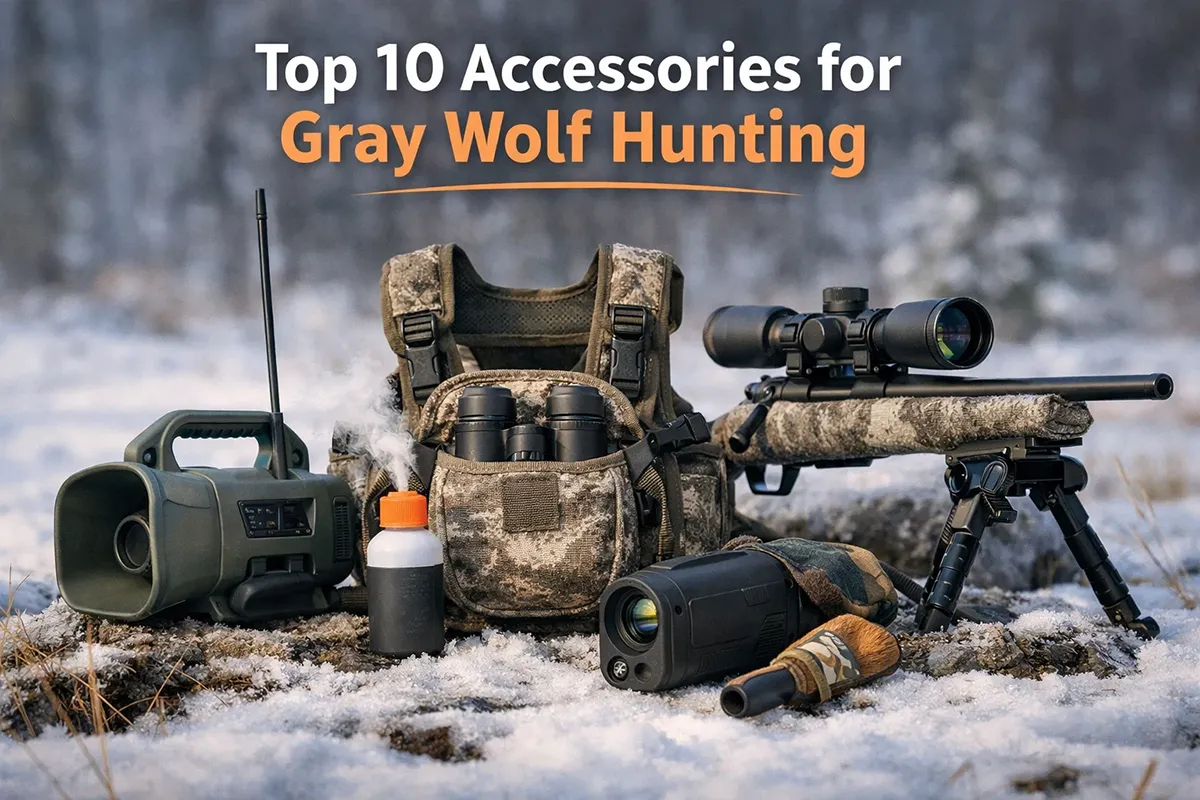 Gray wolf hunting gear laid out with rifle, calls, and winter layers