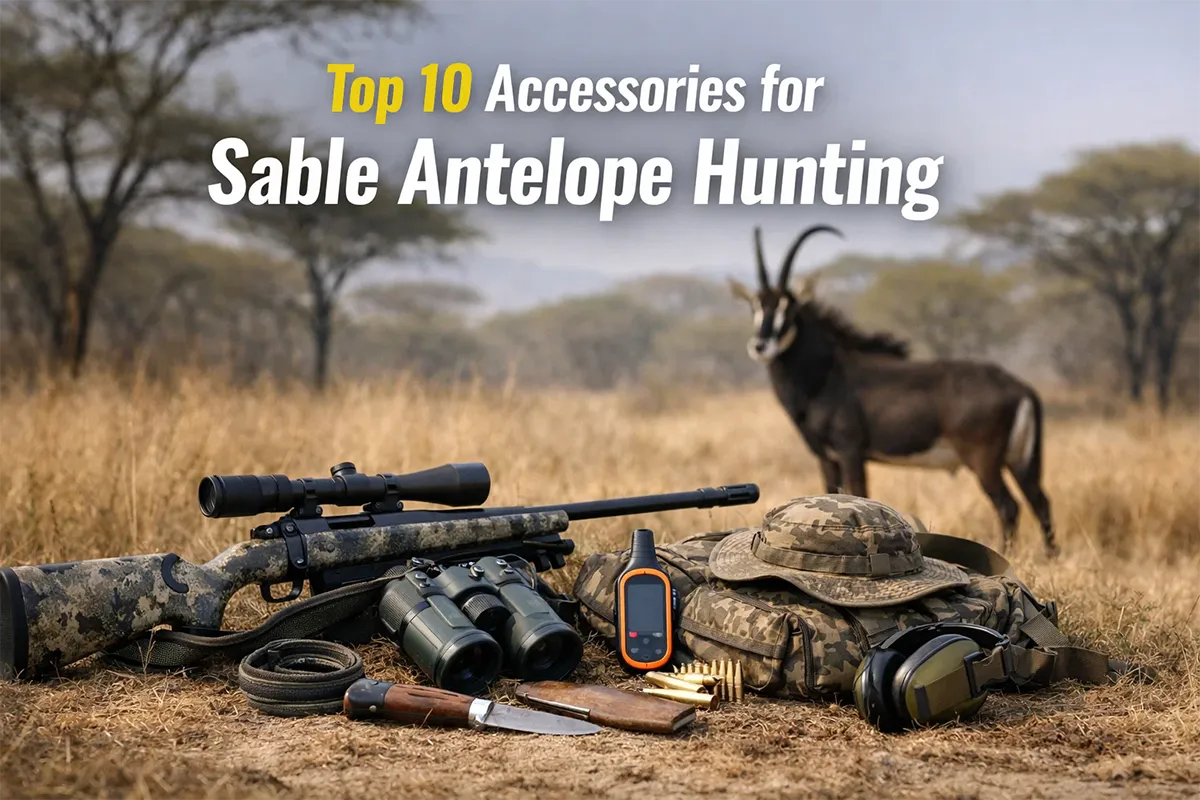 Sable antelope hunting gear laid out with rifle and optics on safari terrain