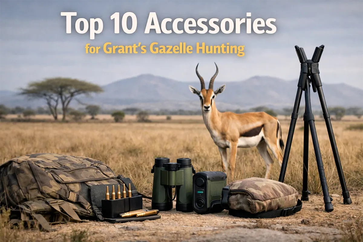 Grant’s gazelle hunting setup on open savanna with binoculars, rangefinder, and shooting sticks.