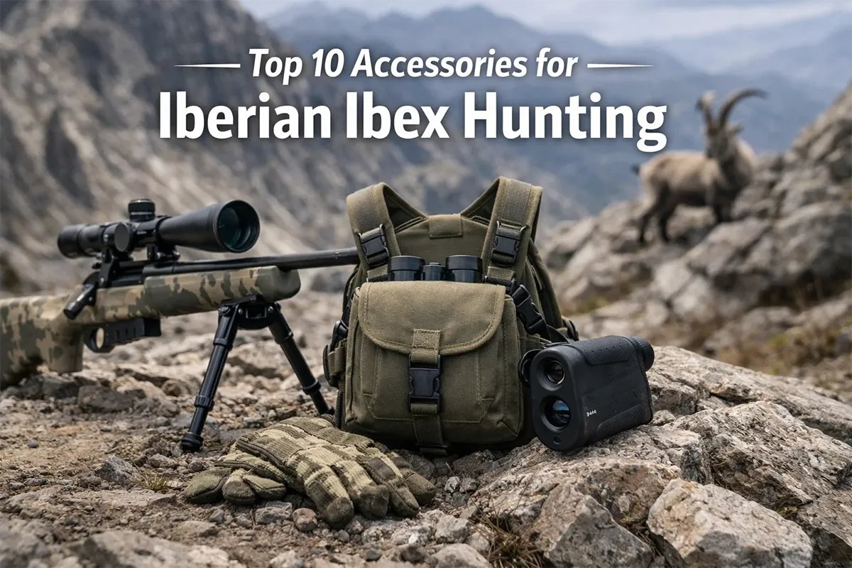 Rifle hunter glassing rocky Spanish mountains for Iberian ibex at sunrise