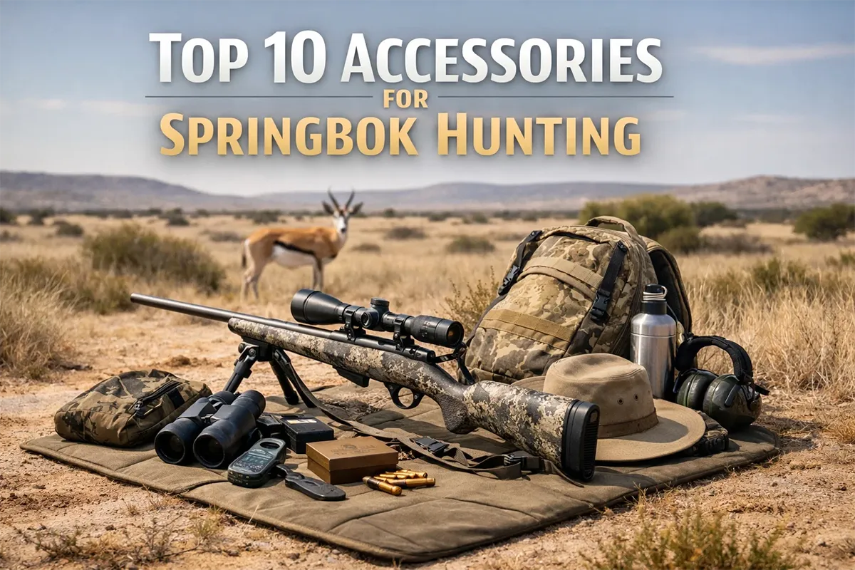 Hunter glassing springbok across open plains with shooting sticks and a daypack