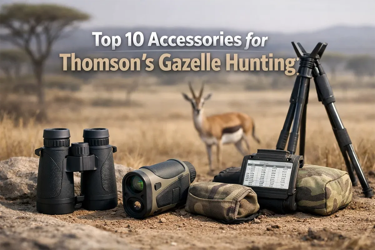 Hunter setting up on shooting sticks in African savanna for Thomson’s gazelle