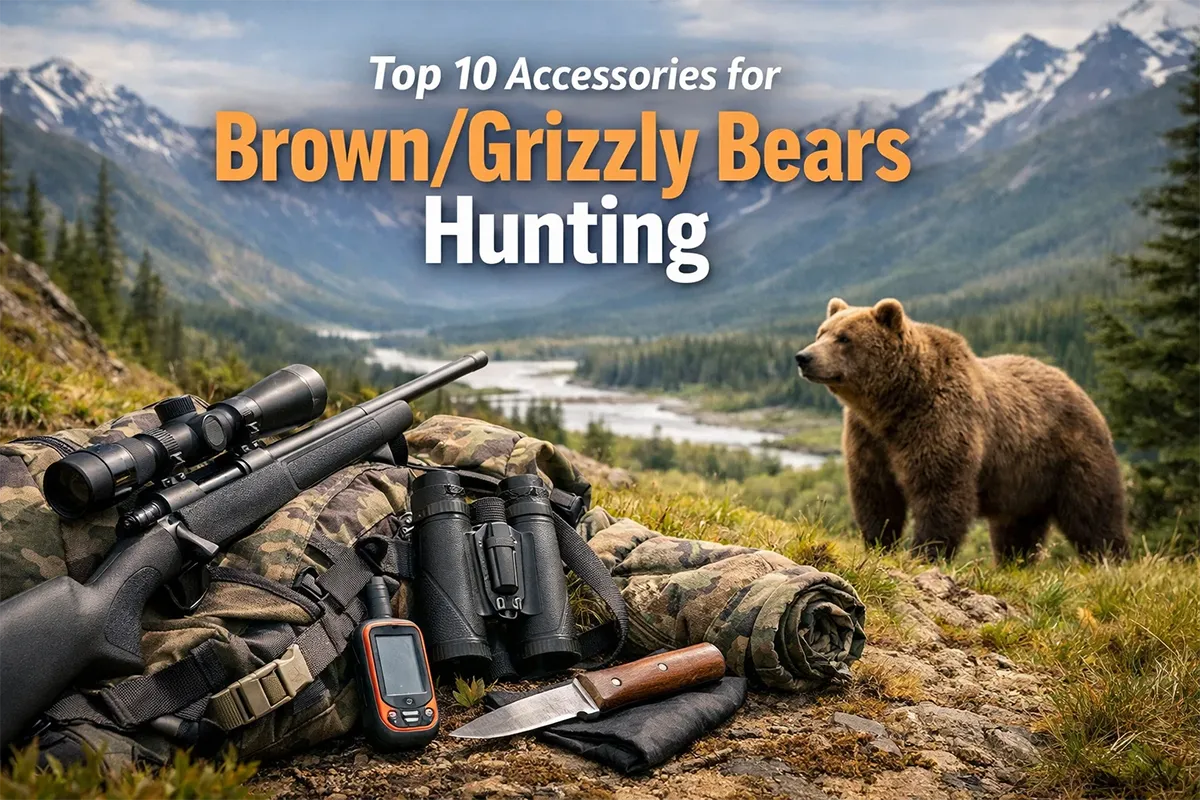 Brown/grizzly bear hunting gear laid out with pack, optics, and safety essentials