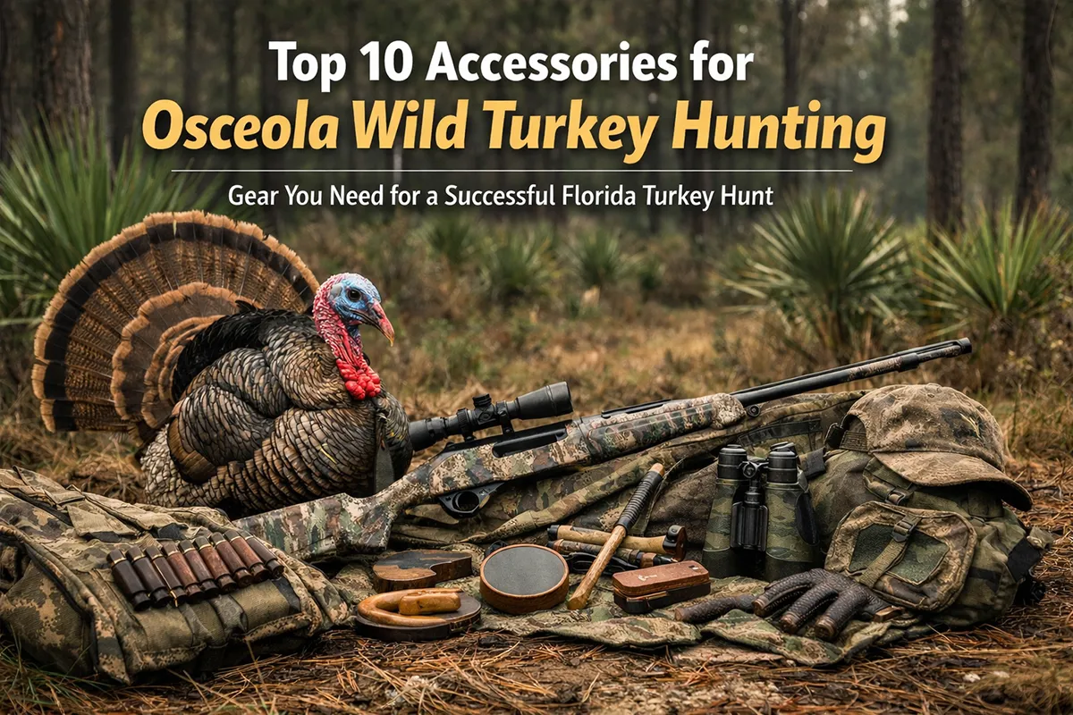 Osceola wild turkey hunting accessories laid out for a spring hunt in palmetto and pine country