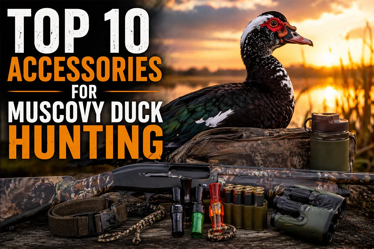 Muscovy duck hunting setup with decoys, waders, and shotgun gear near shallow water