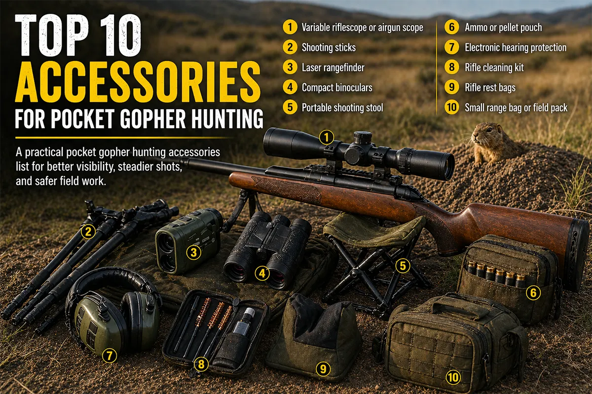 Pocket gopher hunting accessories laid out for air rifle and rimfire field use