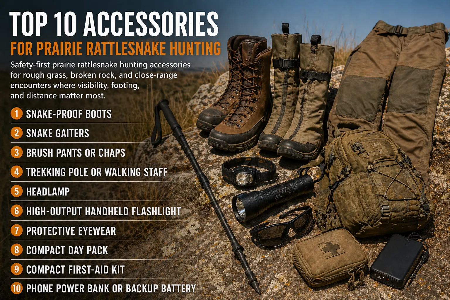 Prairie rattlesnake hunting accessories laid out for open grassland and rocky country