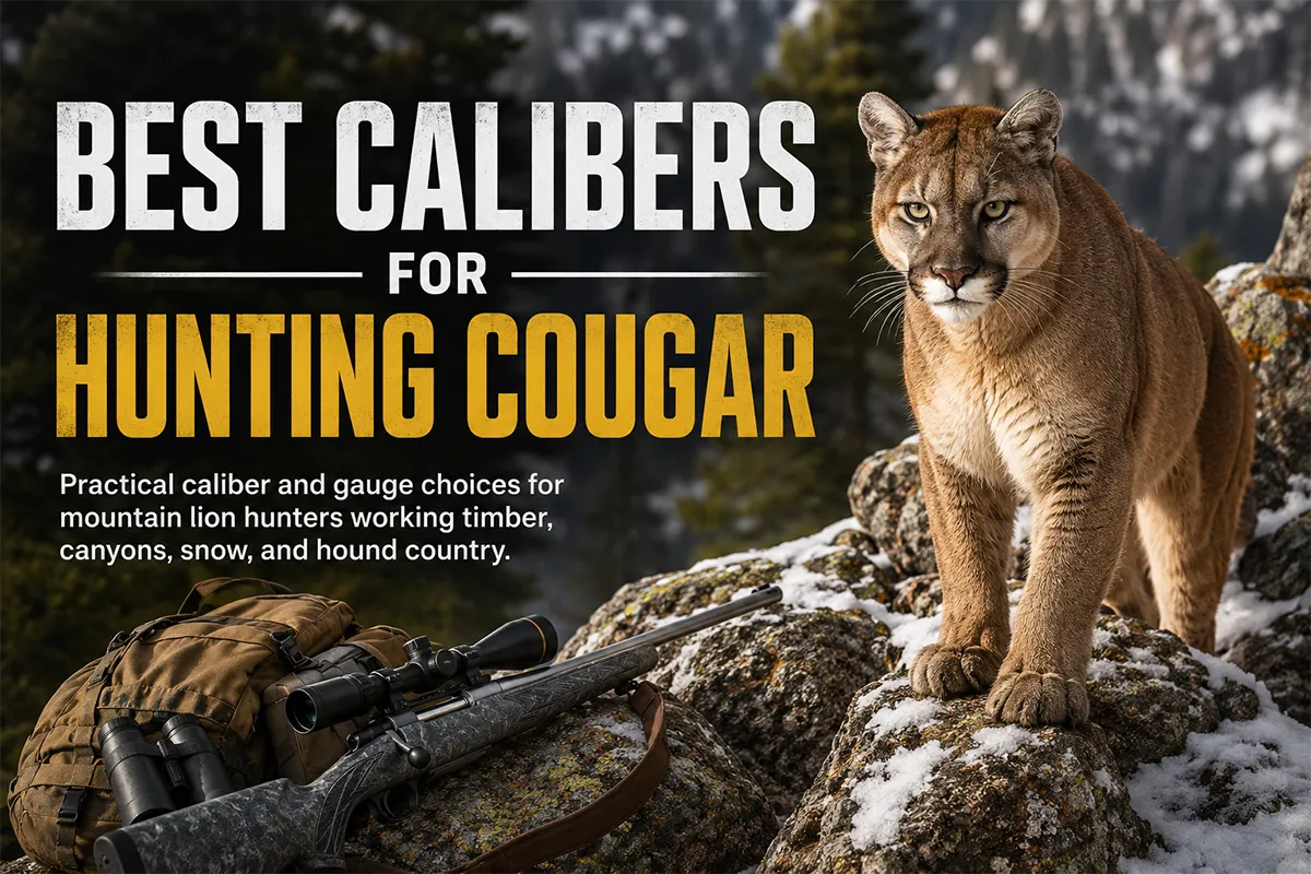 Cougar hunting rifle and gear in steep timber country