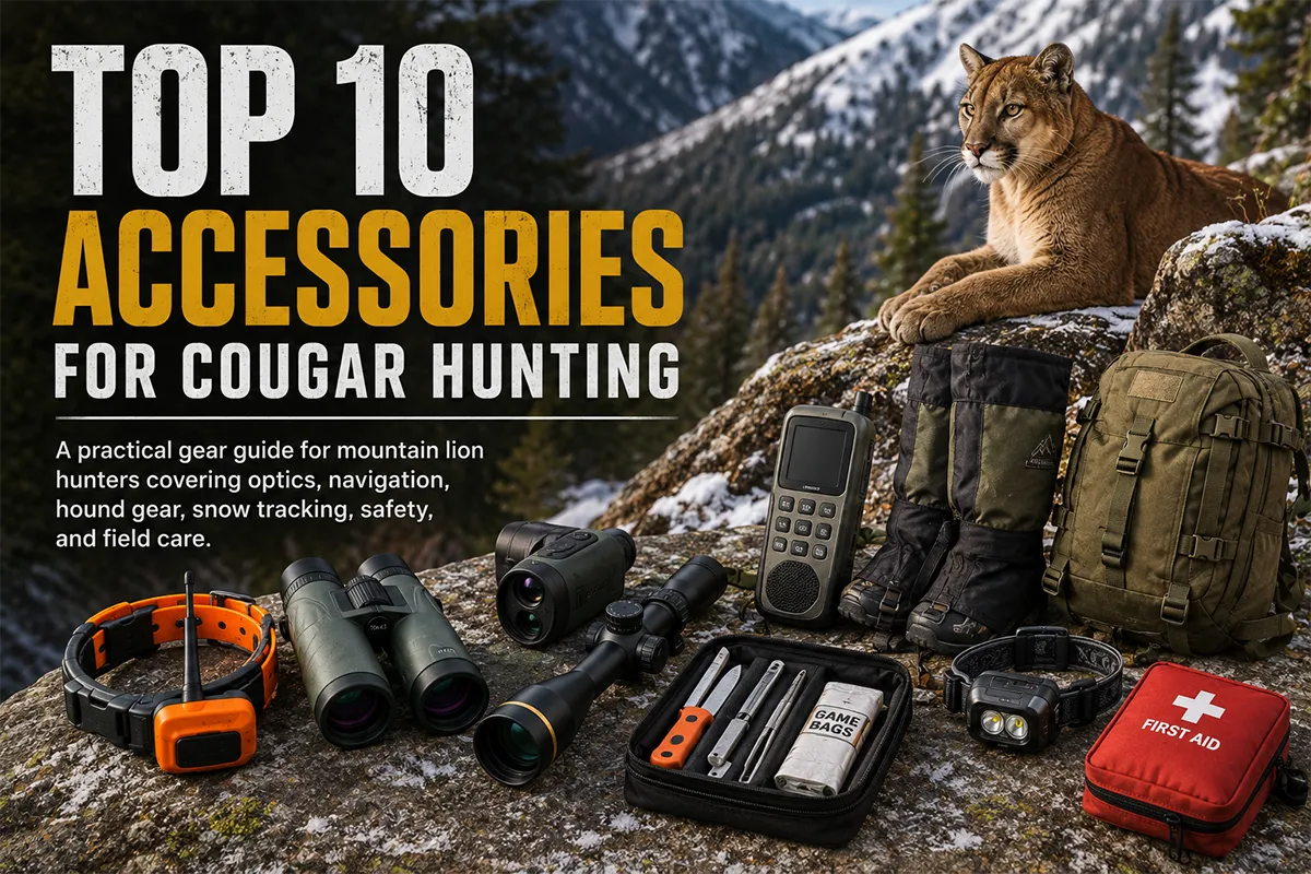 Cougar hunting accessories laid out for timber, snow, and hound country