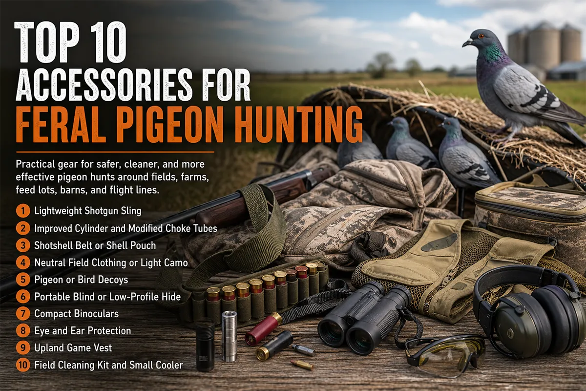 Feral pigeon hunting accessories laid out beside a shotgun and field vest