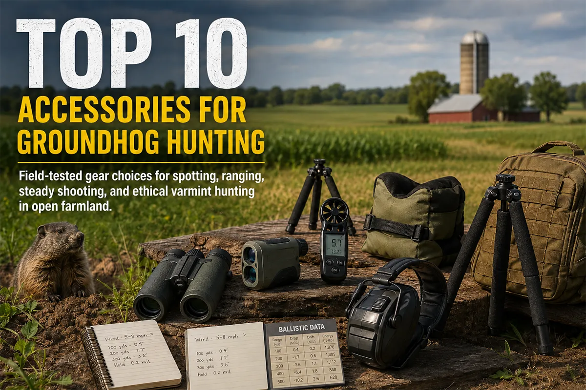 Groundhog hunting accessories laid out beside a varmint rifle in farm country