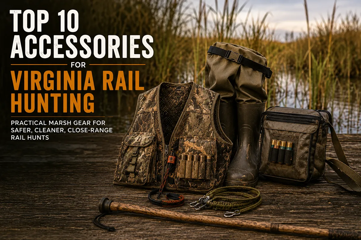 Virginia rail hunting accessories arranged near marsh grass and a light shotgun