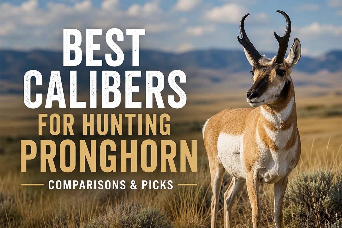 Pronghorn standing in open Western grassland with a hunting rifle in the foreground