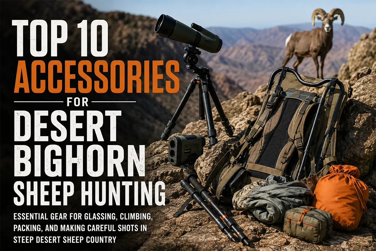 Desert bighorn sheep hunting accessories laid out for a rugged mountain hunt