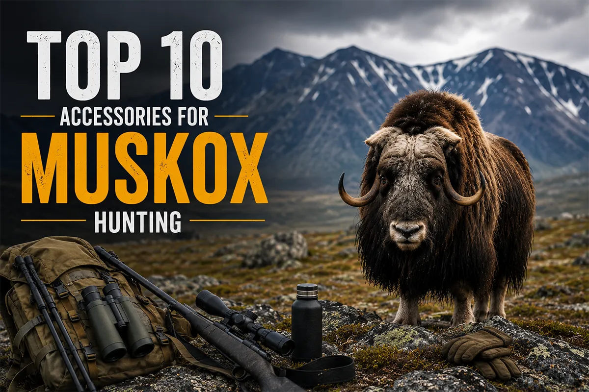 Muskox hunting accessories laid out for a cold Arctic tundra hunt