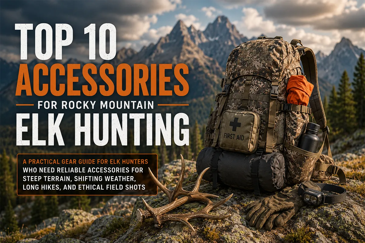 Rocky Mountain elk hunting accessories laid out with a rifle, pack, optics, and mountain gear