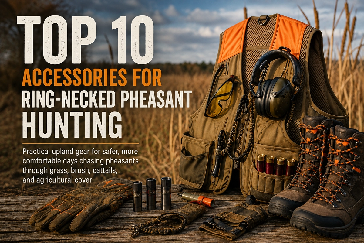 Ring-necked pheasant hunter walking upland grass cover with essential hunting accessories