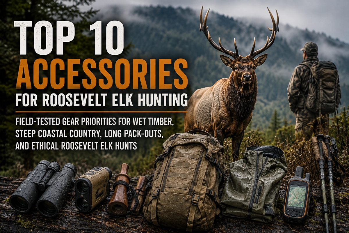 Roosevelt elk hunting accessories laid out for coastal timber hunting