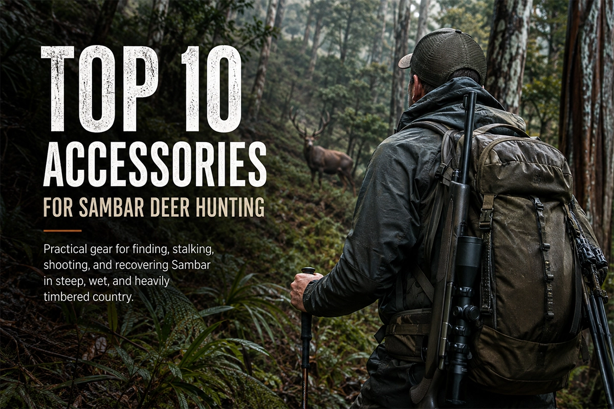 Sambar deer hunter carrying essential gear through steep forest