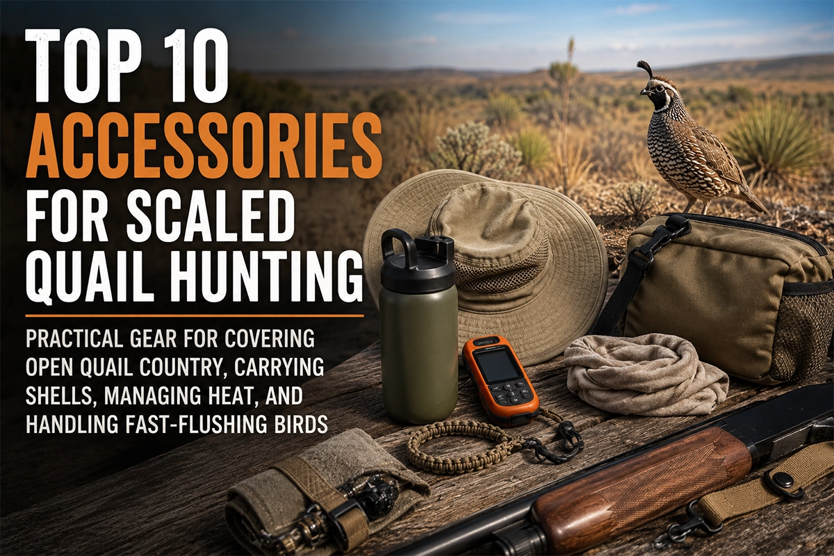 Scaled quail hunting accessories arranged for an upland hunt in desert grassland