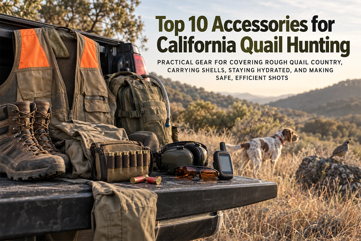 California quail hunting accessories arranged for an upland hunt in brushy California habitat