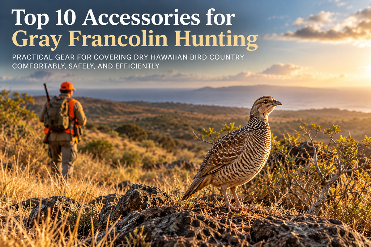 Gray Francolin hunting accessories arranged for an upland bird hunt in Hawaii