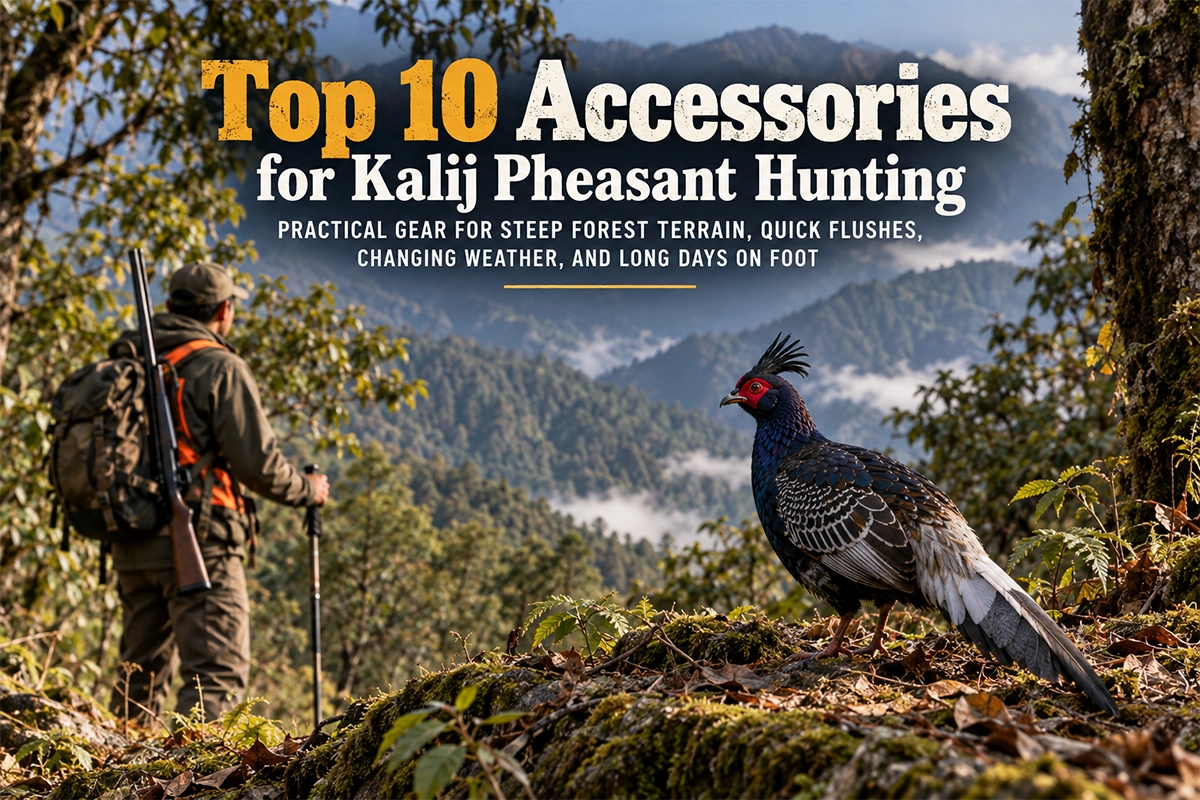 Kalij pheasant hunter moving through steep upland forest cover