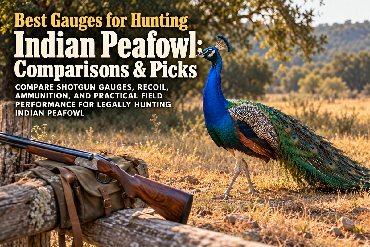 Indian peafowl standing in open grassland, illustrating shotgun gauge selection for legal peafowl hunting