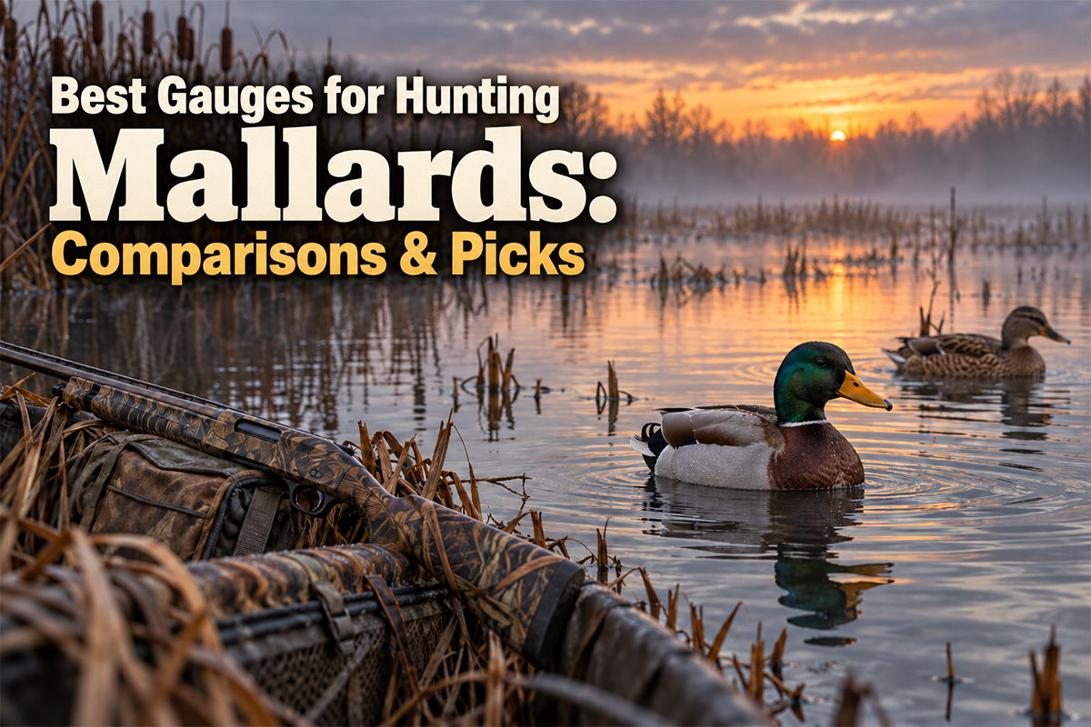 Mallard ducks flying over a wetland as hunters compare shotgun gauges for waterfowl hunting