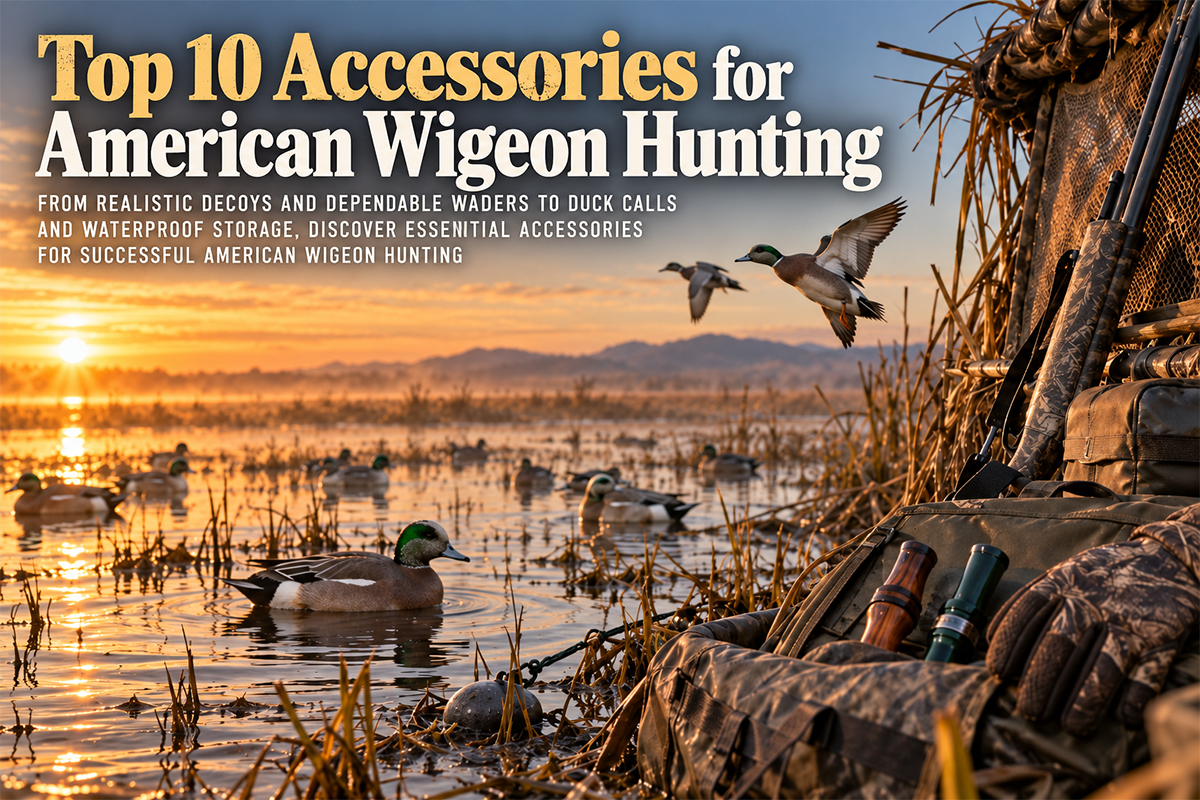 American Wigeon duck hunting accessories including floating decoys, camouflage waders, duck calls, and waterfowl hunting equipment beside a marsh
