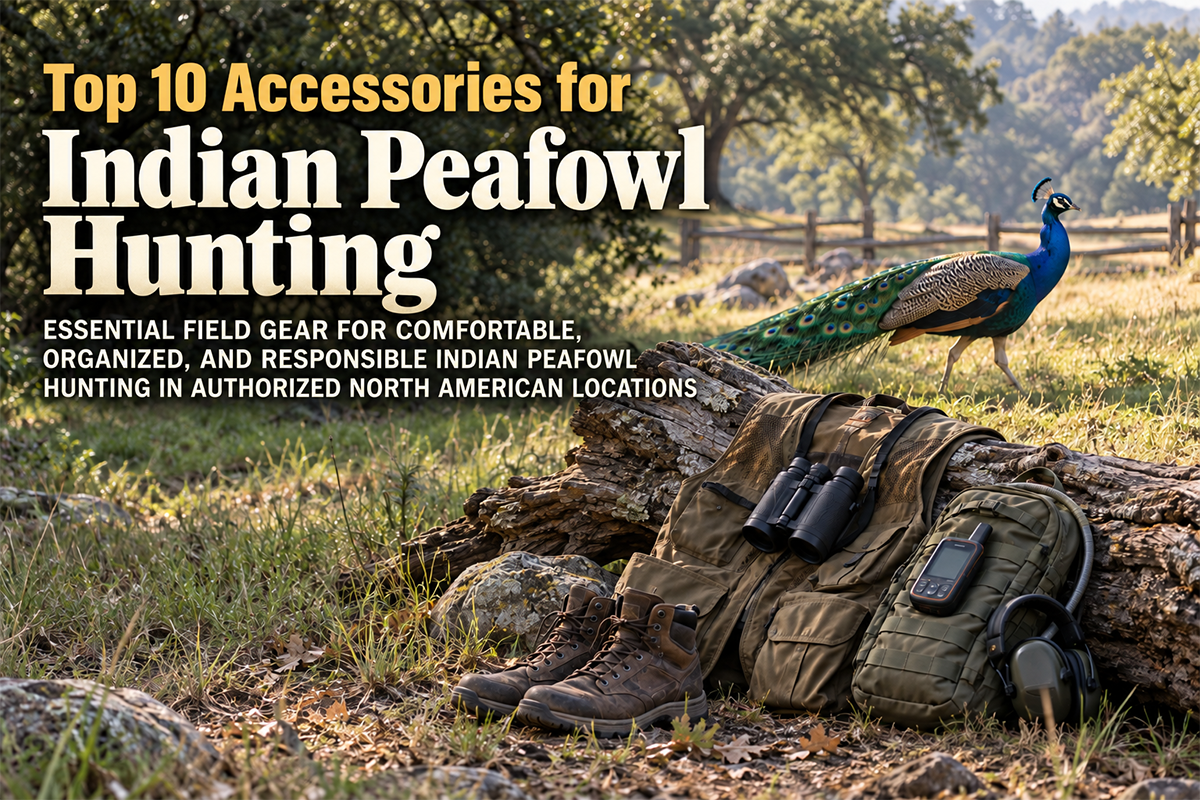 Indian peafowl in grassy woodland habitat with essential upland bird hunting equipment