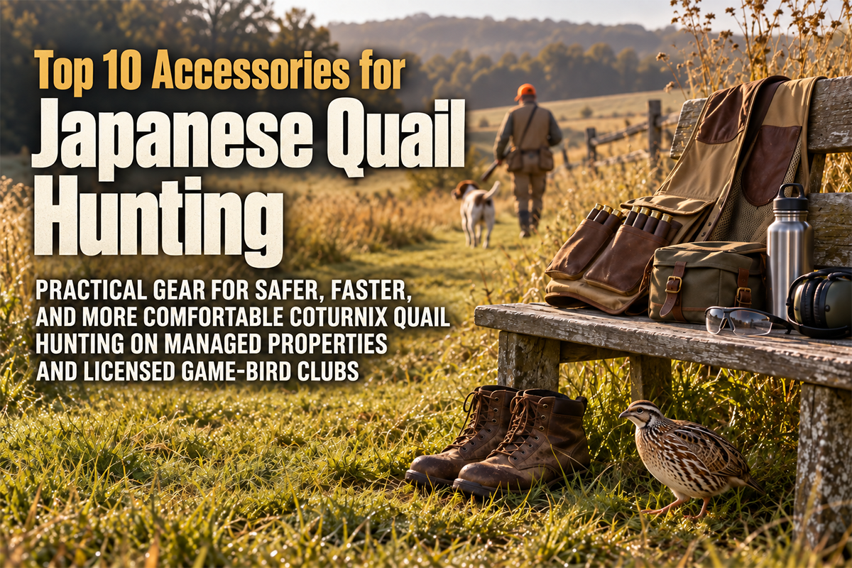 Japanese quail hunting accessories including upland vest, boots, hearing protection, and shotgun gear