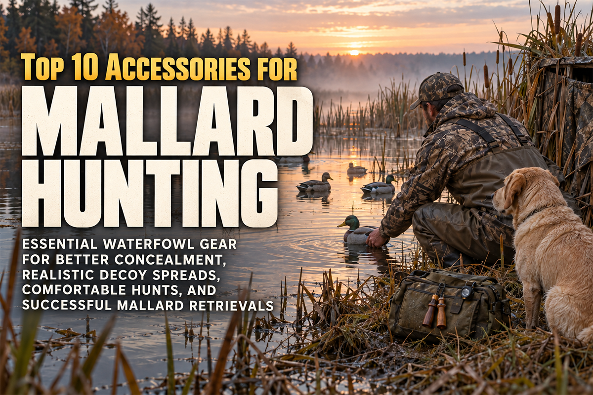 Mallard hunting accessories including duck decoys, waterproof waders, duck calls, and waterfowl hunting gear in a marsh